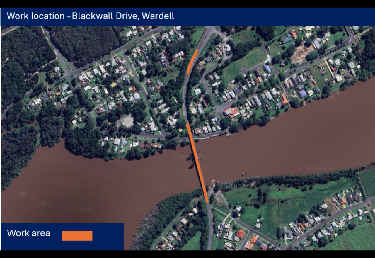 Changed traffic conditions on Blackwall Drive at Wardell Bridge